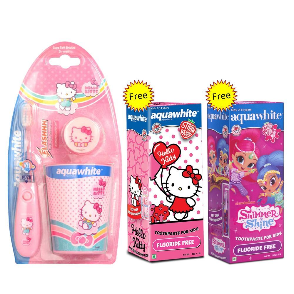 Aquawhite™ Kids Hello Kitty Flash Toothbrush - Set of 3,(Baby Pink)+2 Toothpaste Free