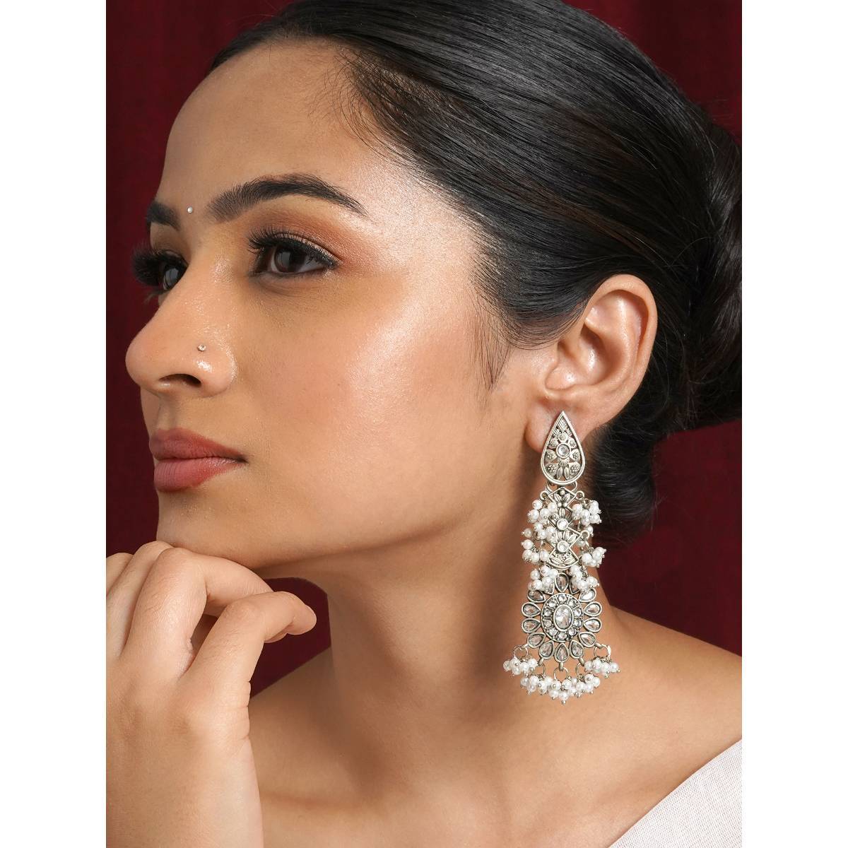 Teejh Tomara Silver Oxidised White Earrings