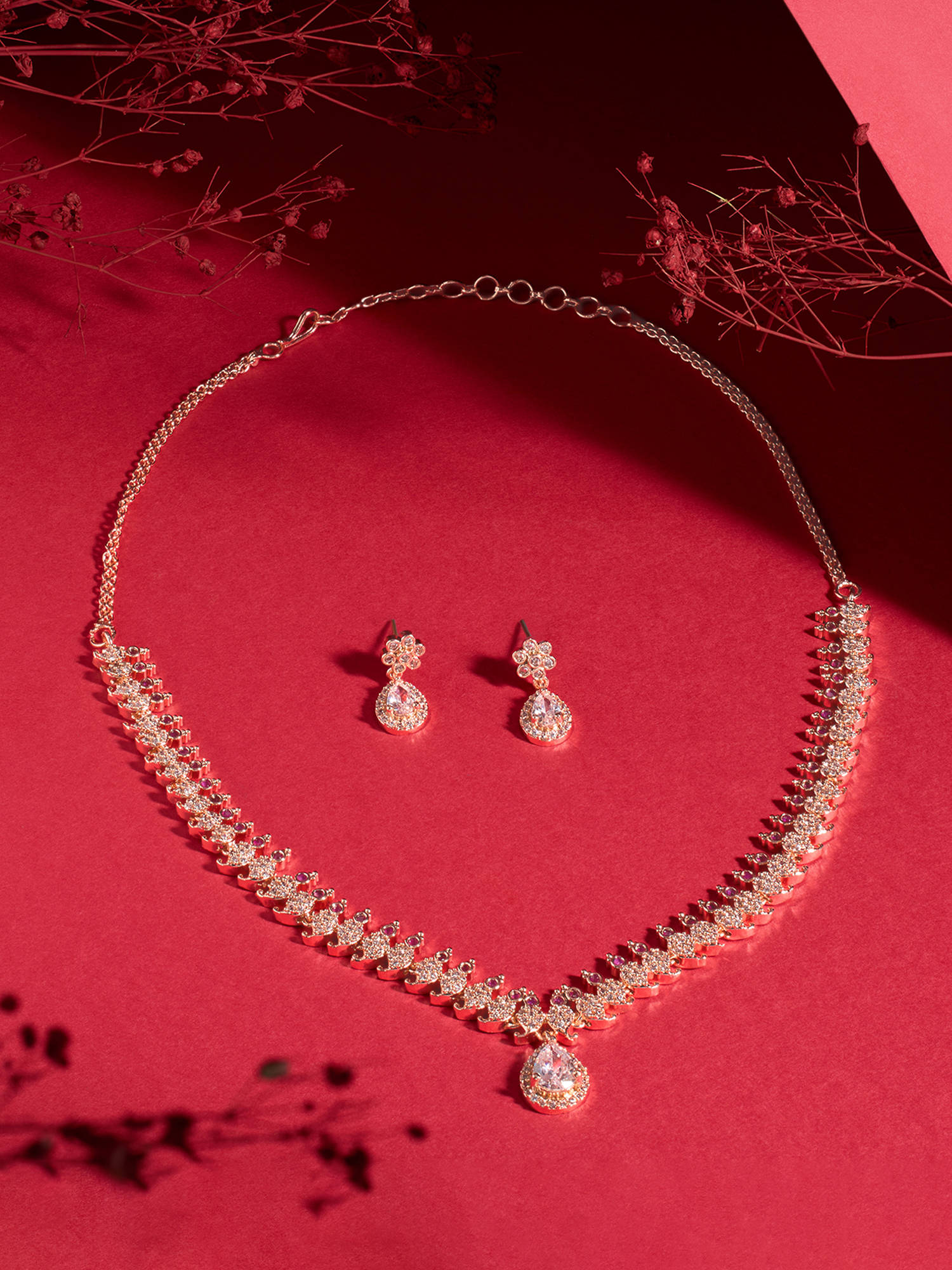 Zaveri Pearls Rose Gold Cubic Zirconia Contemporary Necklace and Earring Set-ZPFK22324