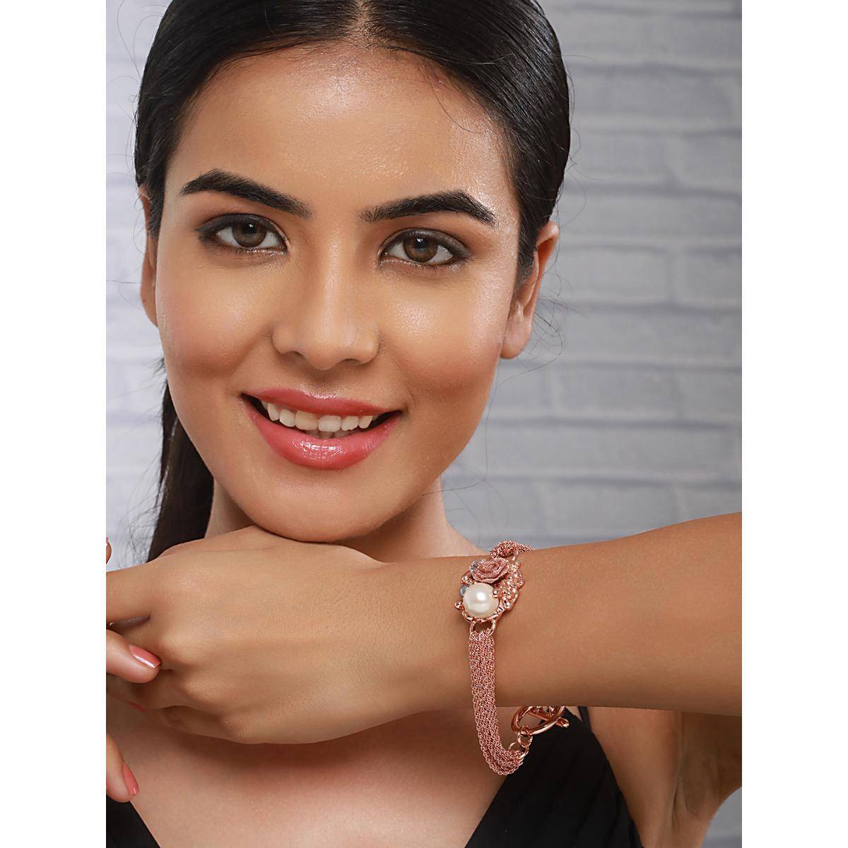 Saraf RS Jewellery Anti-tarnish Rose Gold Plated Multi Chain Wraparound Rose Flower Bracelet (2.4)