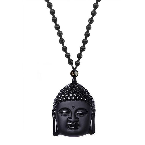 Obsidian Buddha Beads Chain Necklace - Imitate Jade Buddhist Jewelry For Protection & Luck