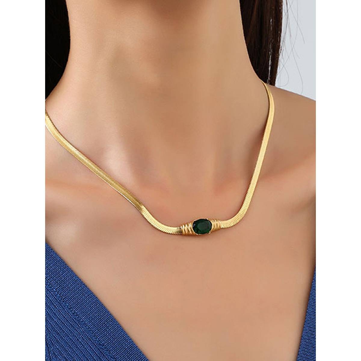 Designs & You Gold Plated Stainless Steel Green Stone Studded Snake Chain Pendant