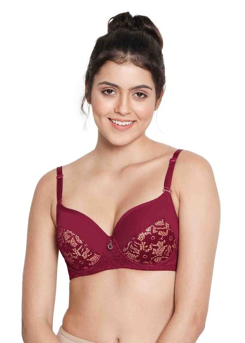 Shyaway Susie 3/4th Coverage Underwired Half Lace Cup Everyday Padded Bra-  PersianRed (32C)