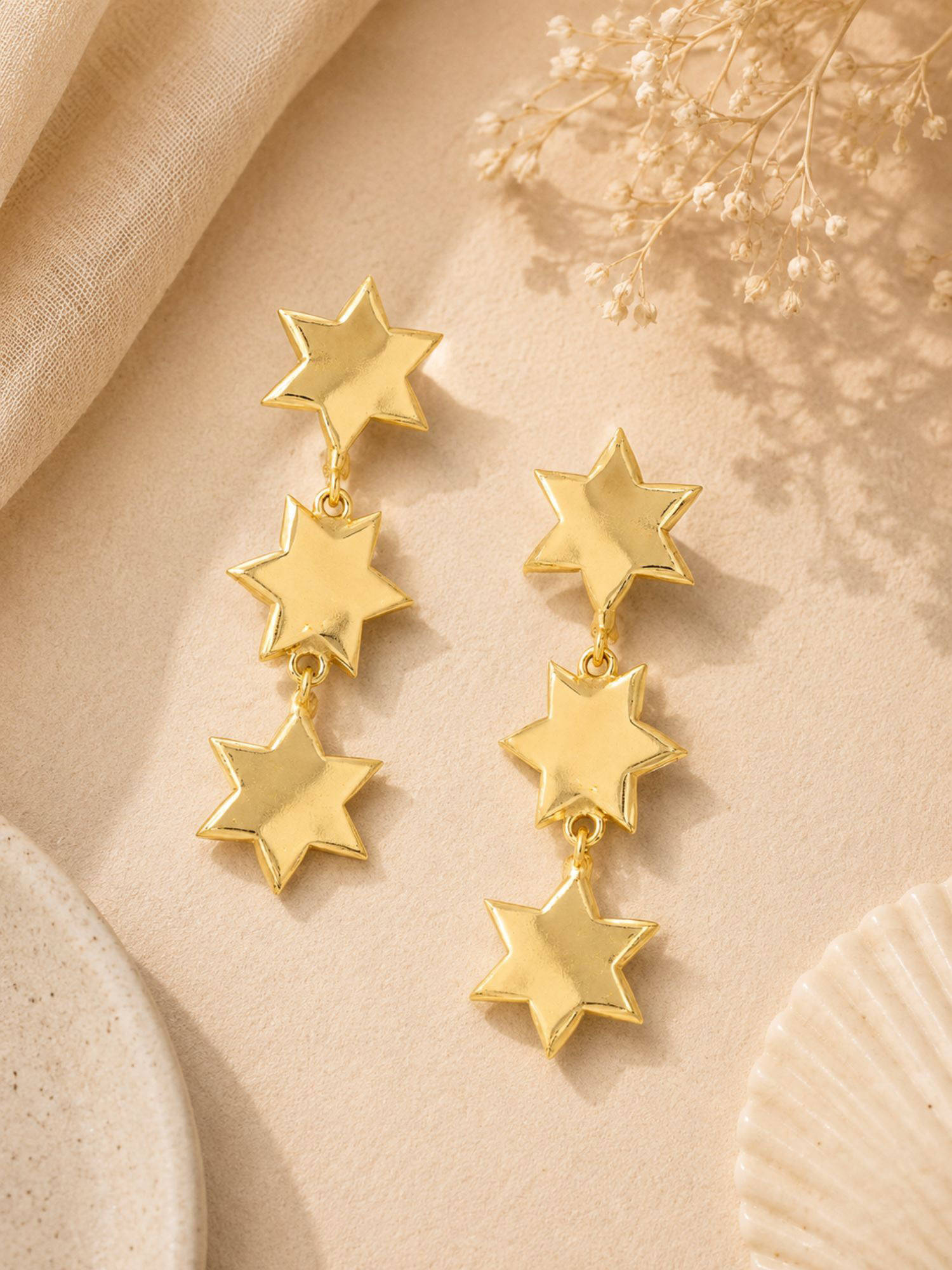 VIRAASI Glossy Gold-Toned Star Drop Earrings