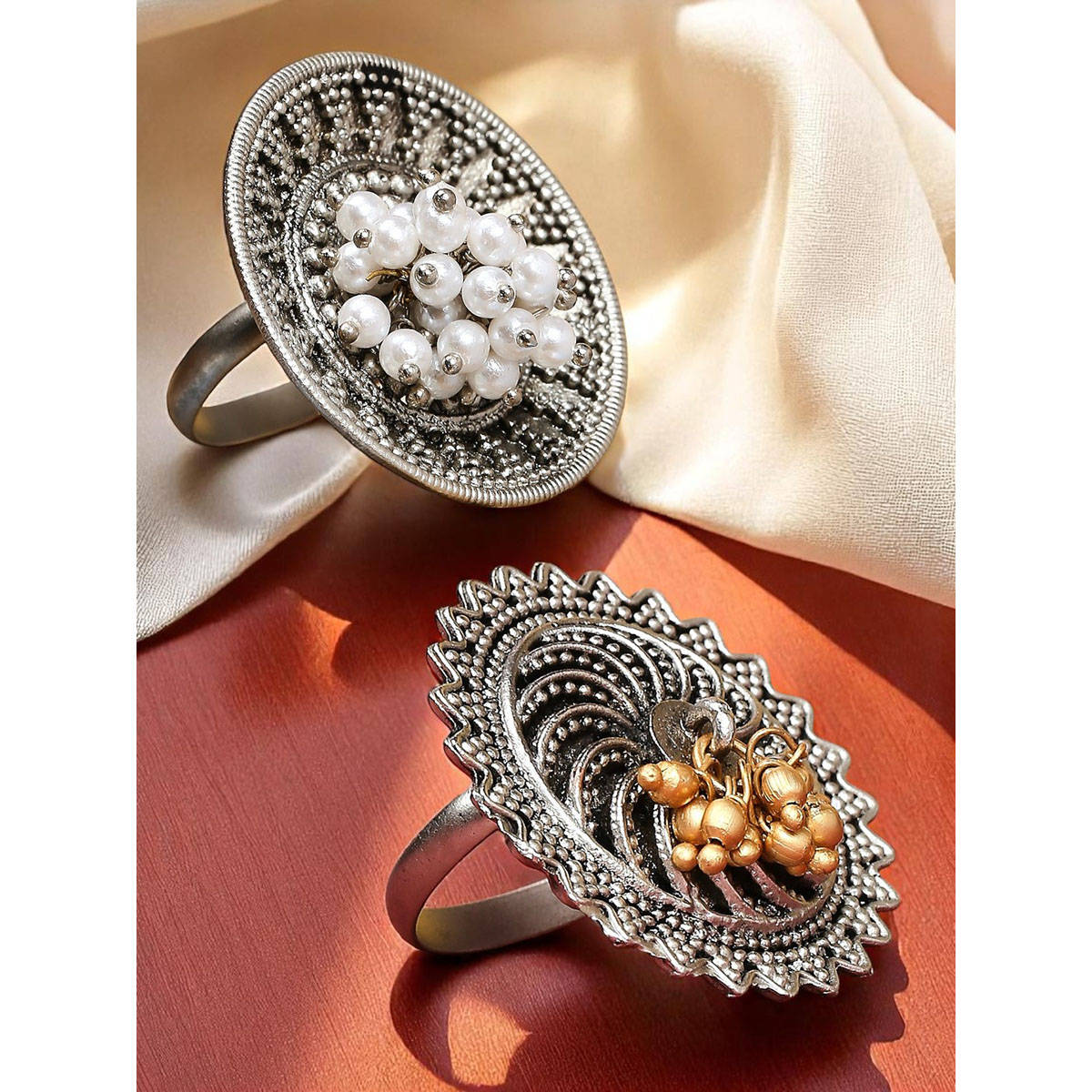 OOMPH Combo Of 2 Oxidised Silver Ring - Golden And Silver Ghugroo - Tribal /Afghan Theme