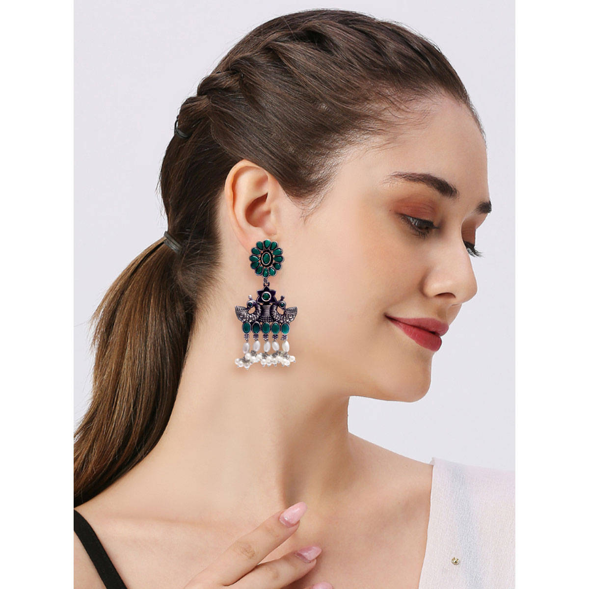 OOMPH Oxidised Silver Drop Earrings - Green Stone And Pearls Peacock Design