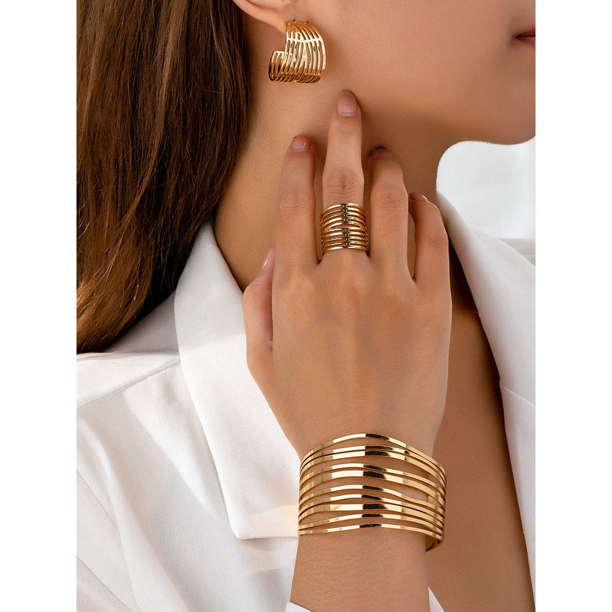 OOMPH Combo Of Gold Earring, Cuff Bracelet And Ring - Party-Wear - For Women And Girls