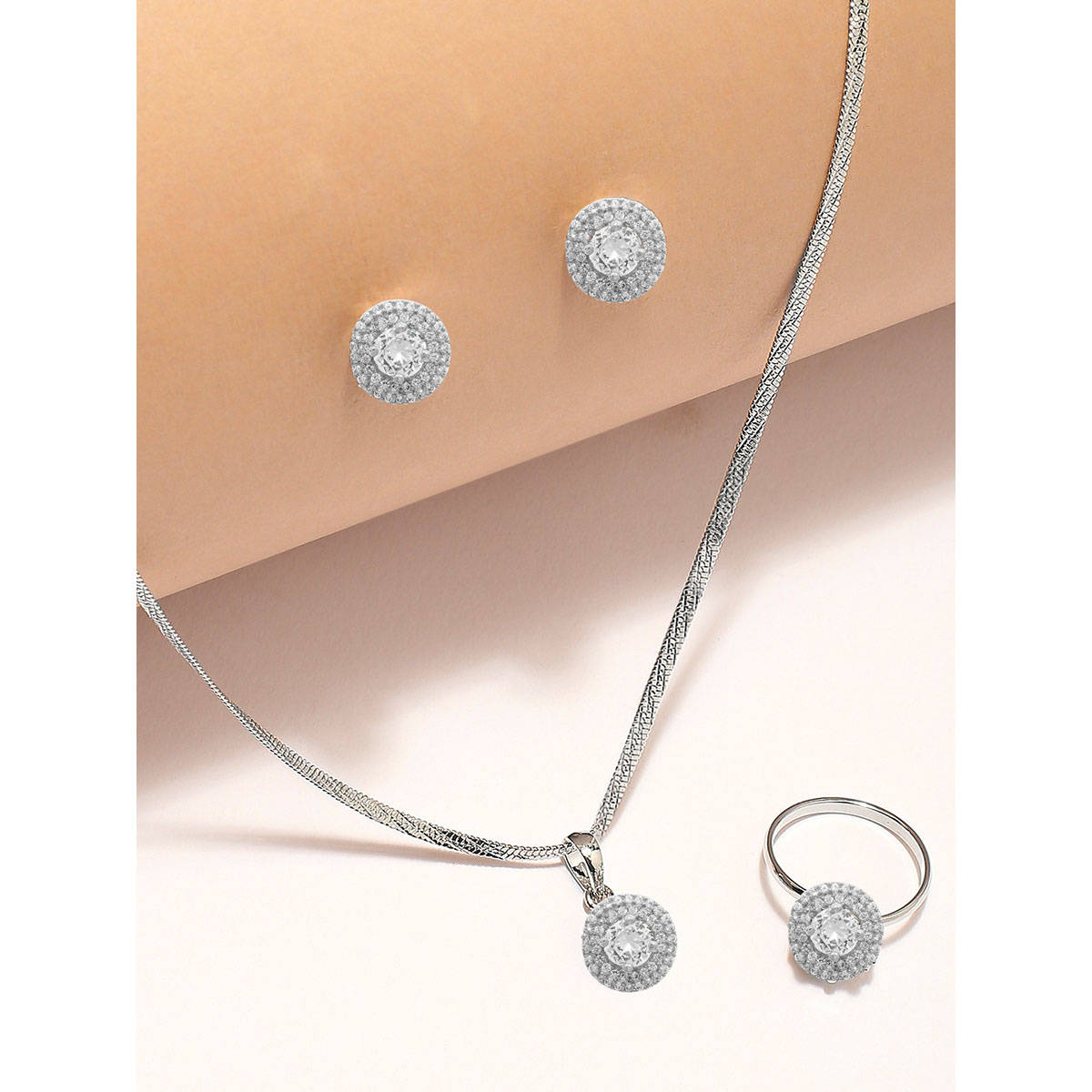 Fabula Silver Anti Tarnish Round Cubic Zirconia Pendant Set