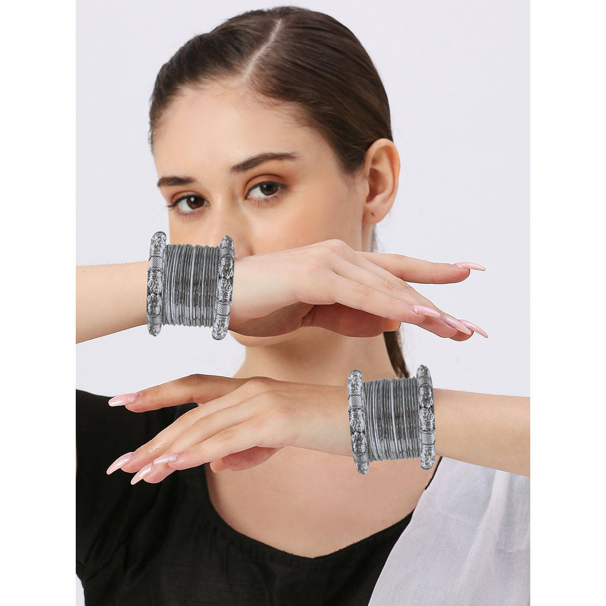 OOMPH Combo Of 38 Oxidised Silver Kada And Bangle Set - Elephant Design - (2.6)