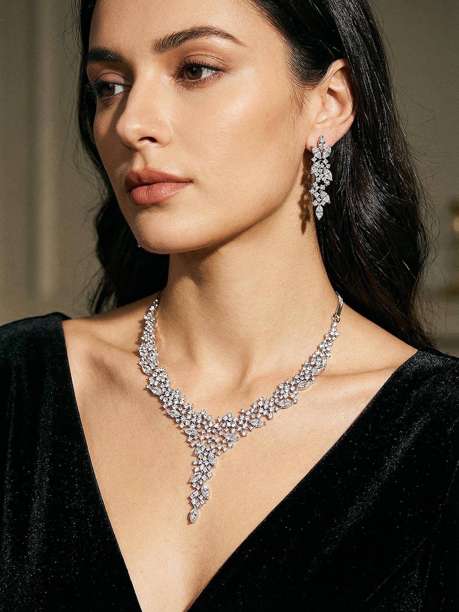 Saraf RS Jewellery Silver Toned White Ad Zircon Statement Cocktail Jewellery Set