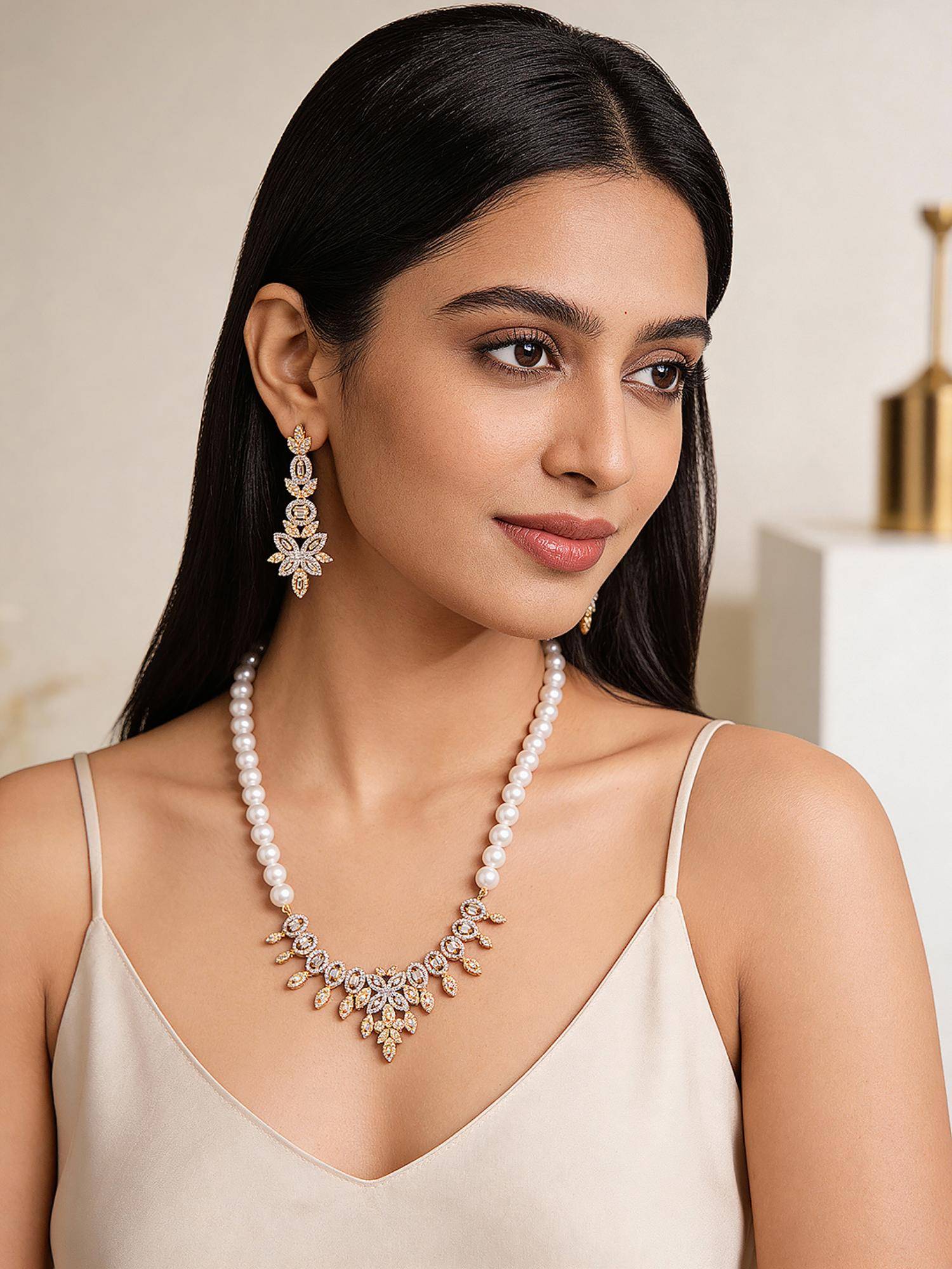 Saraf RS Jewellery Gold Plated Ad Zircon Studded Pearl Maala Luxe Jewellery Set