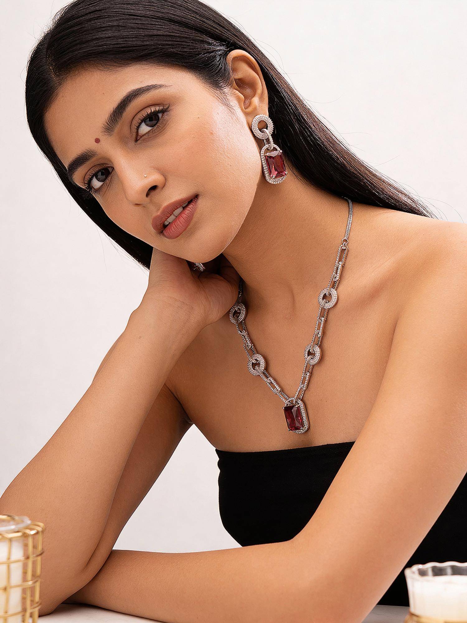 Saraf RS Jewellery Silver Plated Ruby Red and White Ad Studded Cocktail Link Jewellery Set