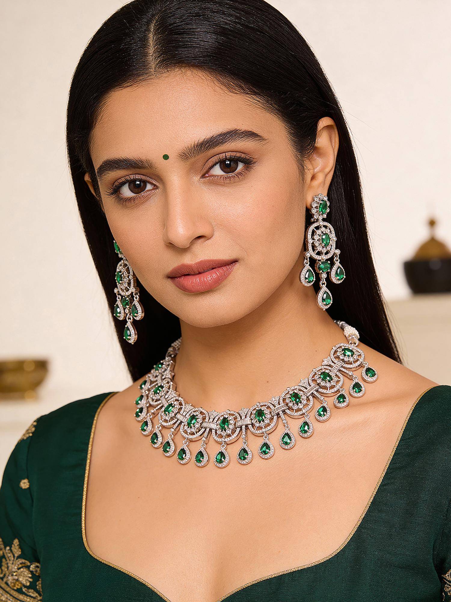 Saraf RS Jewellery Silver Plated Emerald Green and White Ad Studded Luxe Choker Jewellery Set