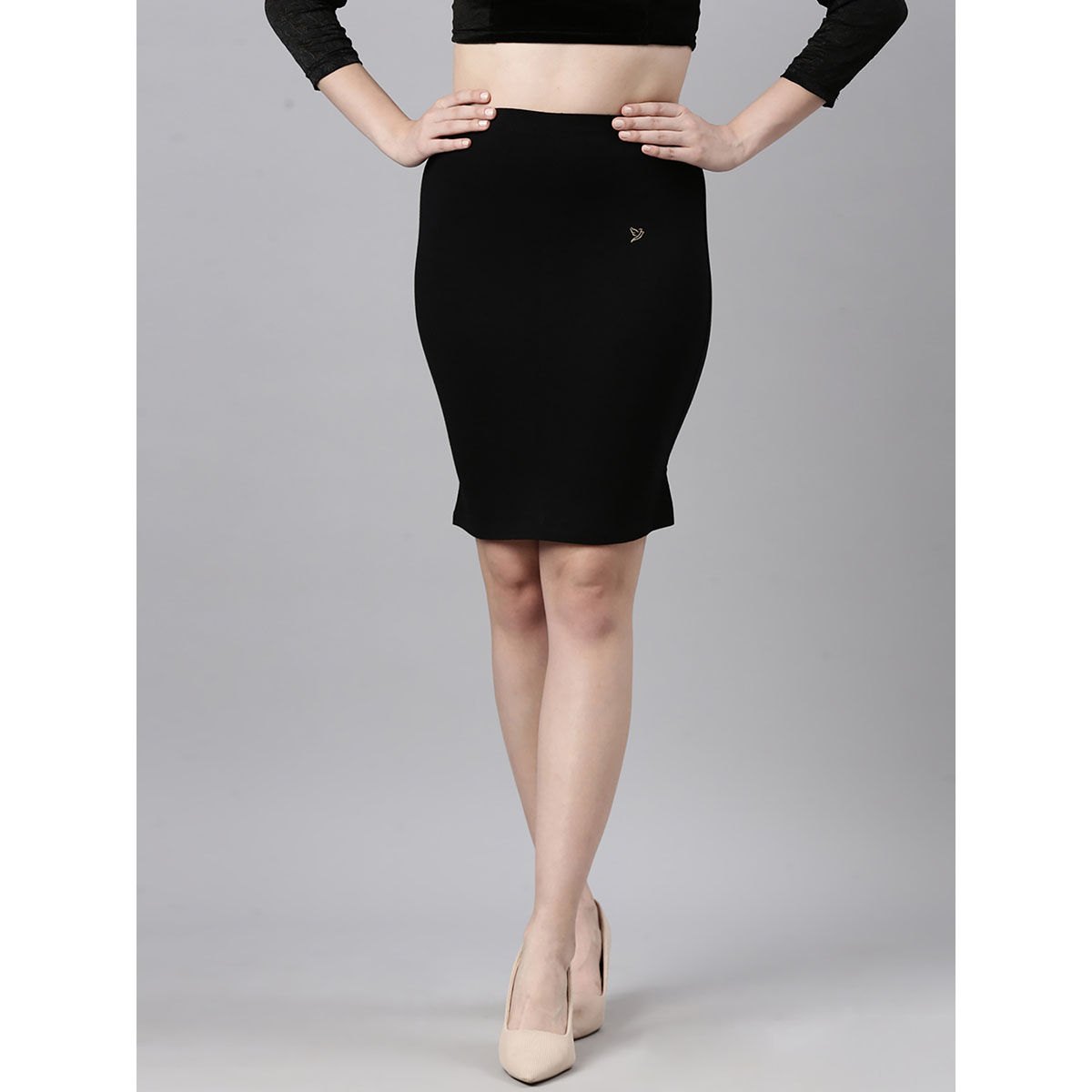 Buy TWIN BIRDS Women High Rise side slit Stretchable knee length Skirt