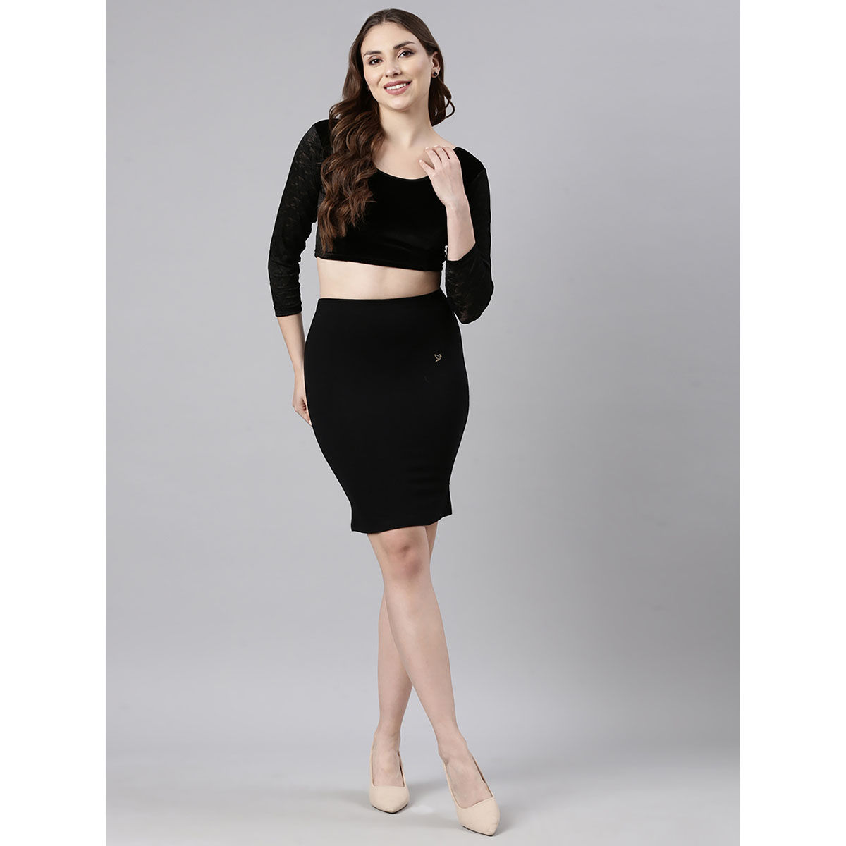 Buy TWIN BIRDS Women High Rise side slit Stretchable knee length Skirt