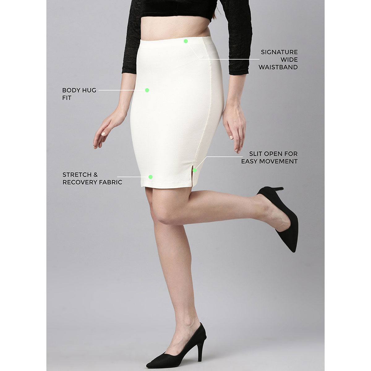Buy TWIN BIRDS Women High Rise side slit Stretchable knee length Skirt