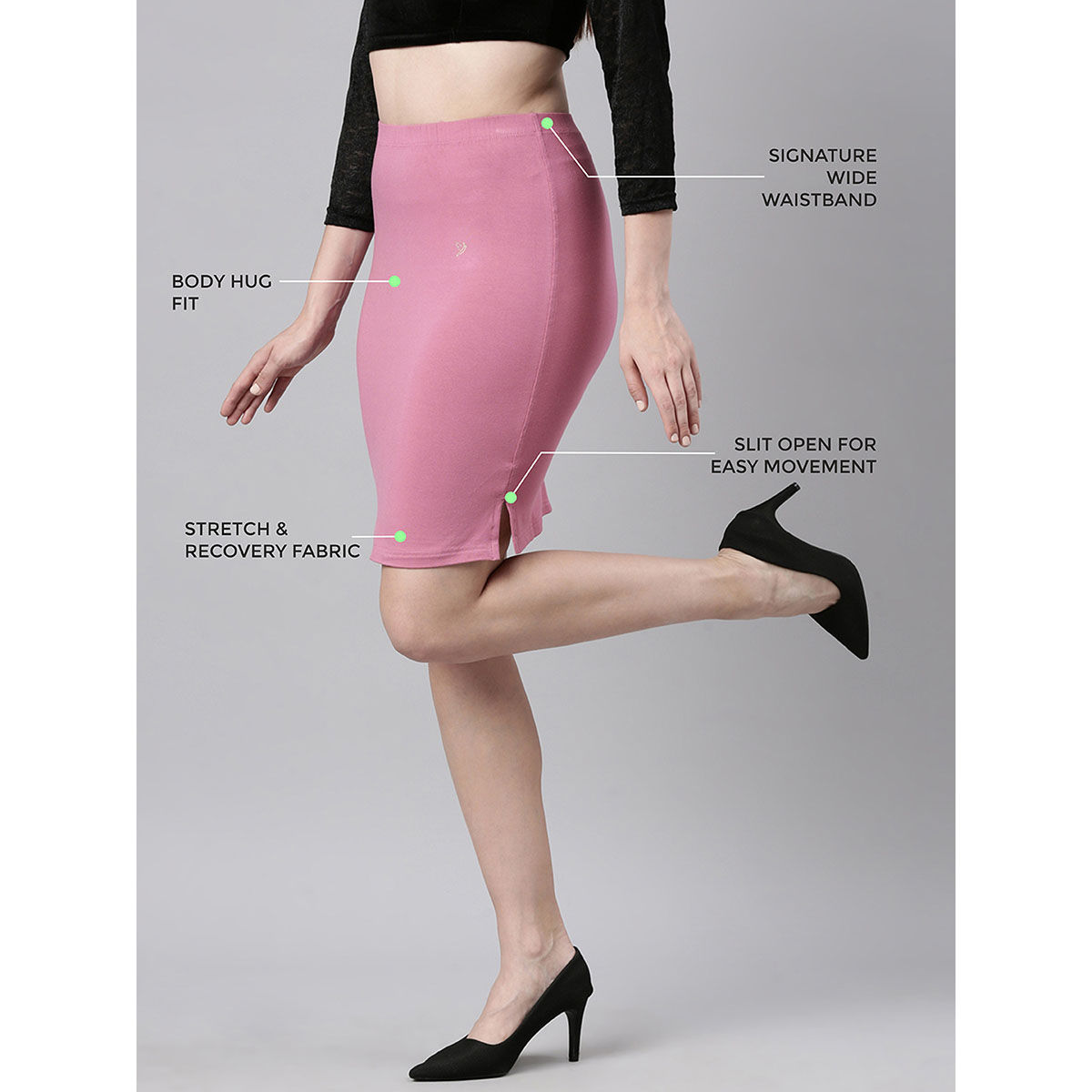 Buy TWIN BIRDS Women High Rise side slit Stretchable knee length Skirt