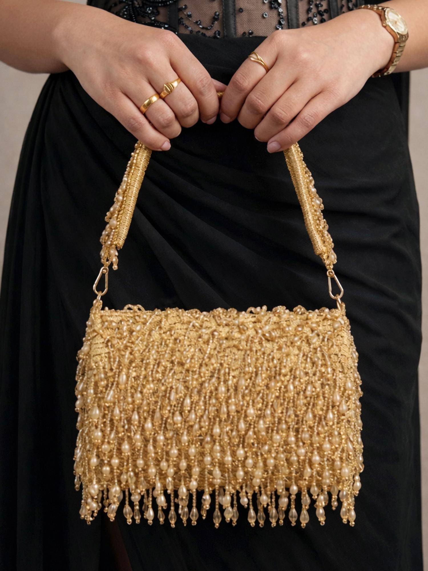 ARTKLIM Golden Beaded Fringe Handbag with Detachable Strap