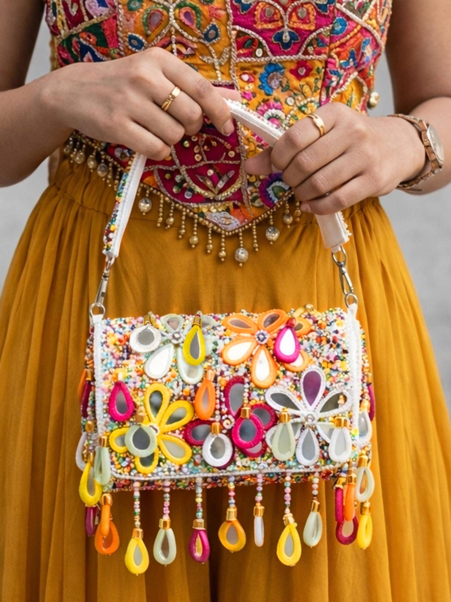 ARTKLIM Multicolour Floral Beaded Handbag with Detachable Strap