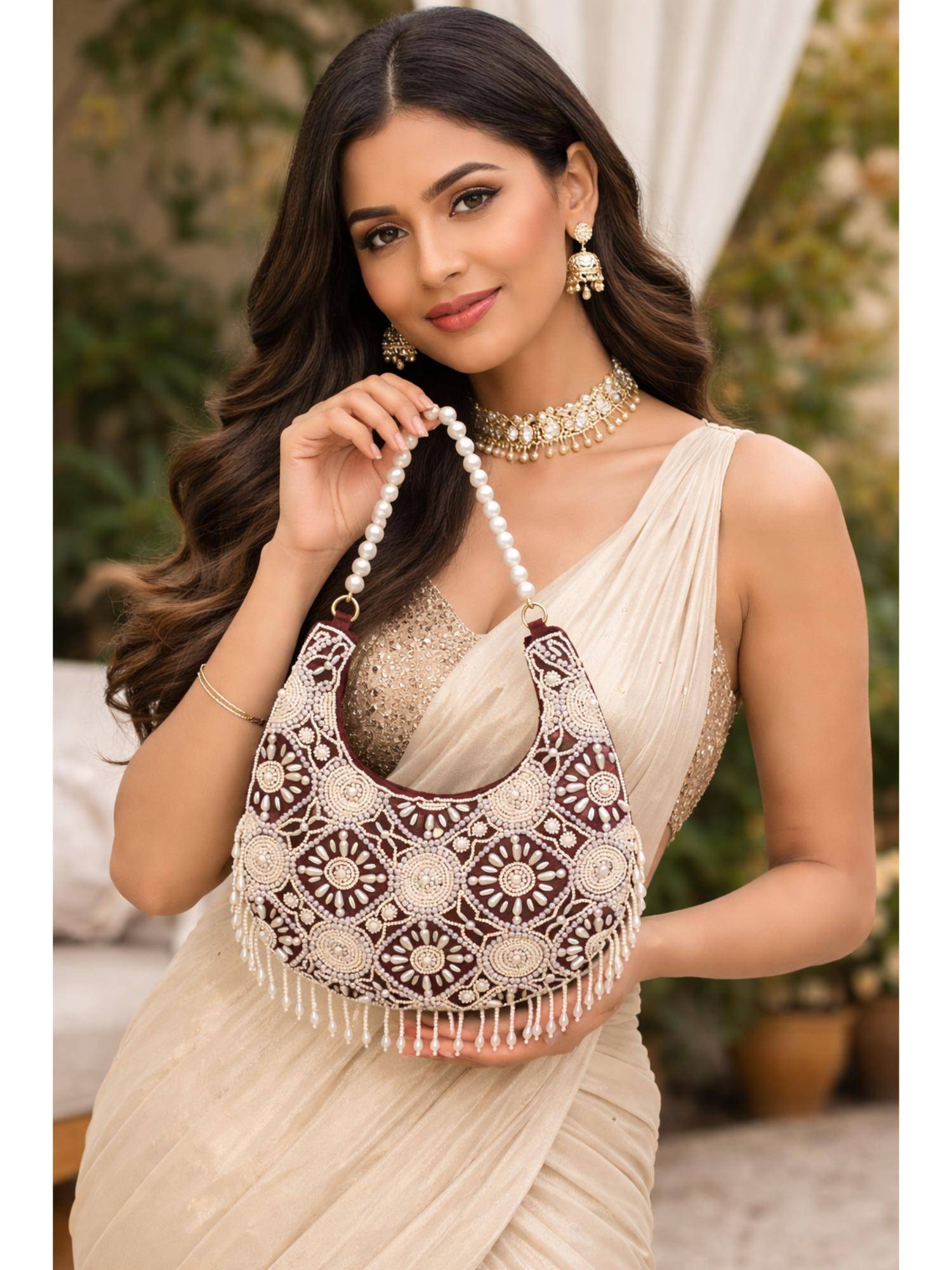 Fabbhue Women Maroon Velvet Embellished Handbag