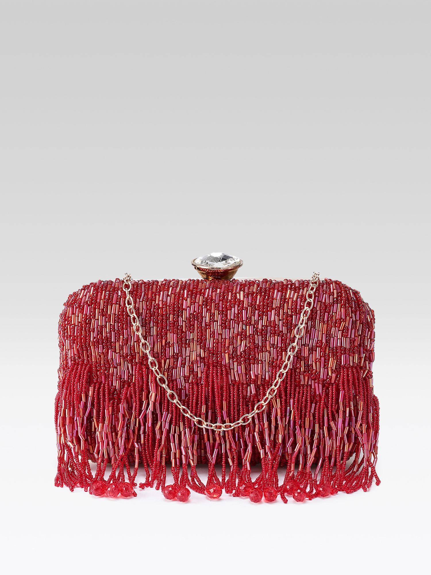Fabbhue Women Red Velvet Embellished Clutch
