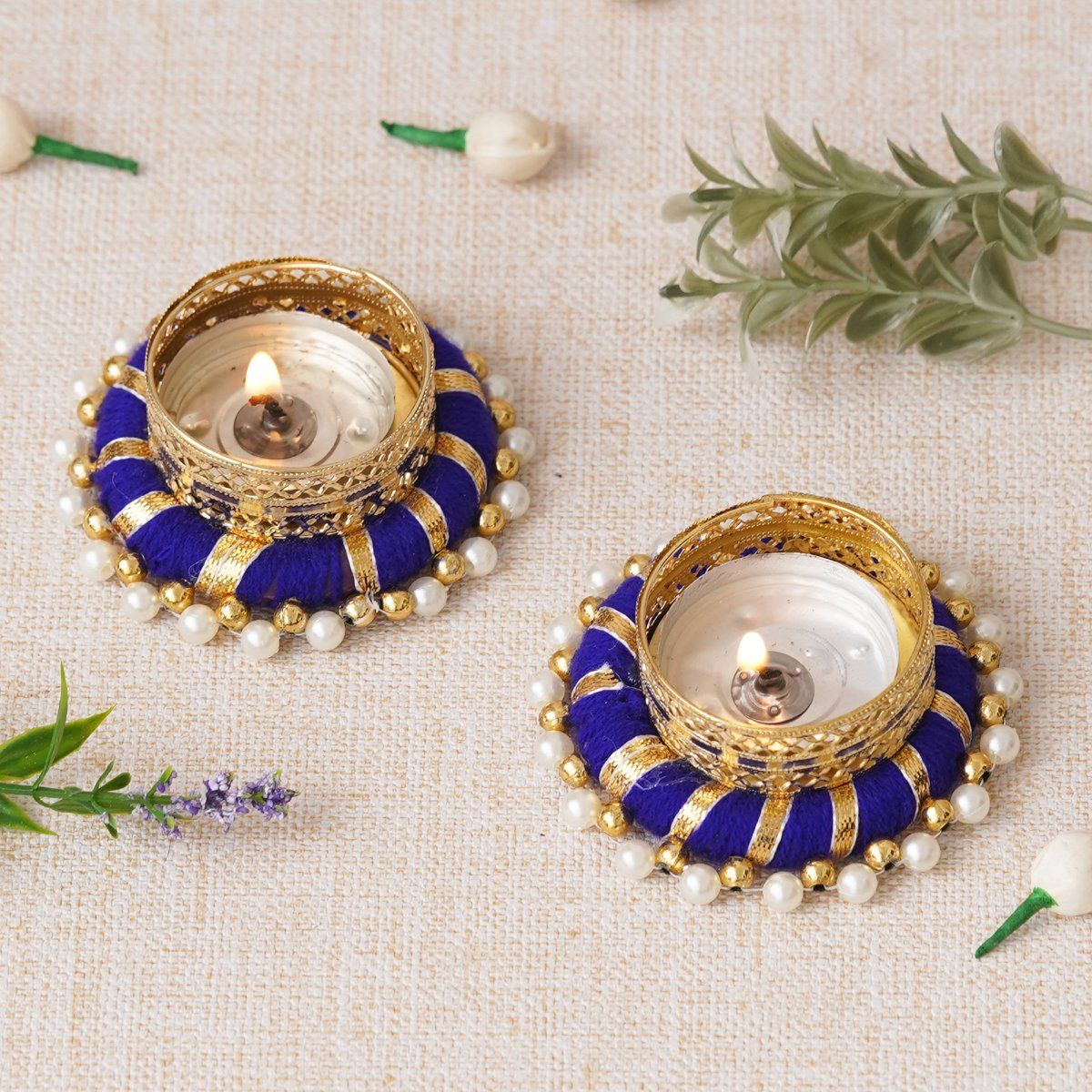 Buy eCraftIndia Golden and Blue Decorative Tea Light Candle Holders