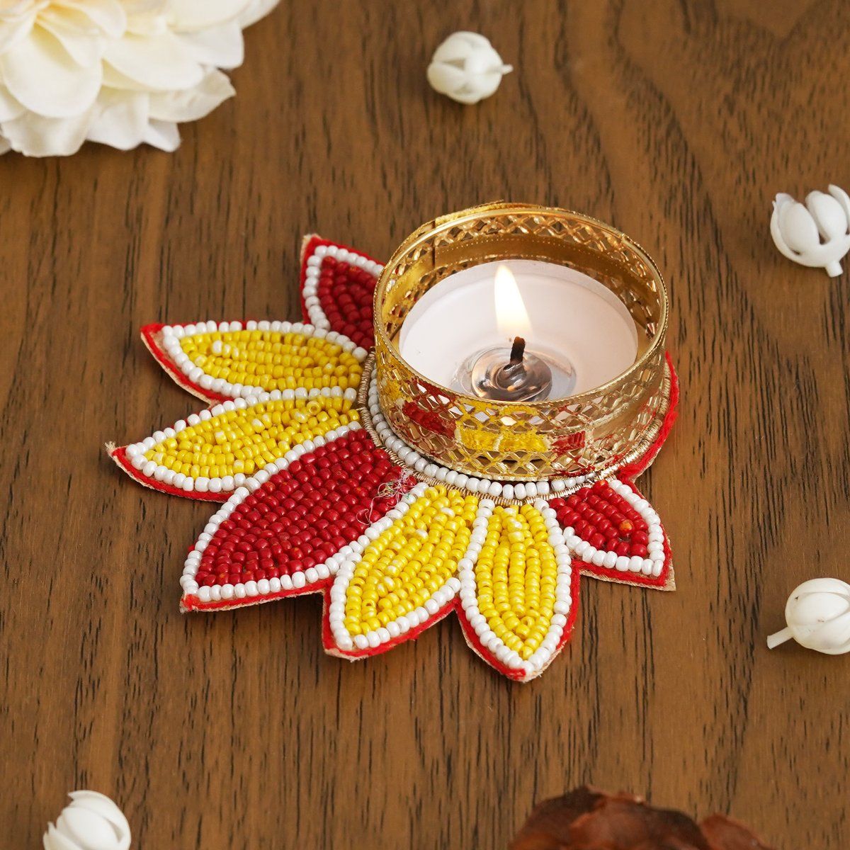 Buy eCraftIndia Yellow and Red Flower Shaped Tea Light Candle Holder Online