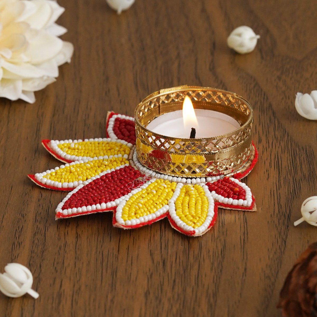Buy eCraftIndia Yellow and Red Flower Shaped Tea Light Candle Holder Online