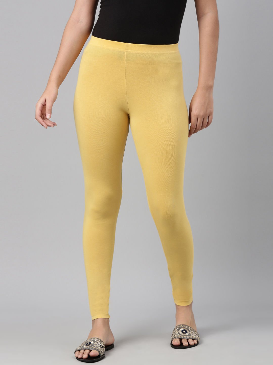 Buy Mustard Yellow Cotton Solid Tights Online - W for Woman
