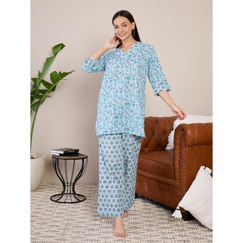 Buy July Nightwear Women Blue Cotton Long Kurti with Pant (Set