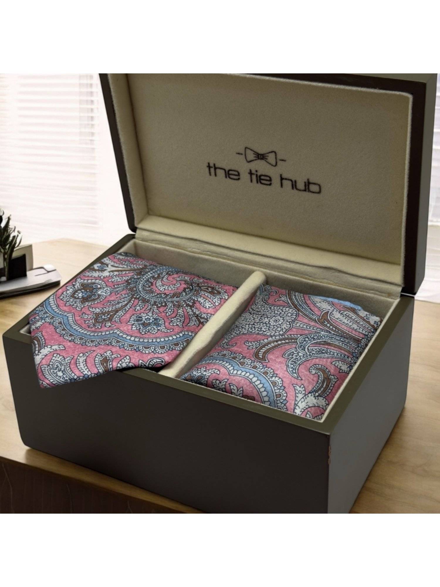 The Tie Hub Men Pink Paisley Necktie with Pocket Square Gift Set (Set of 2)