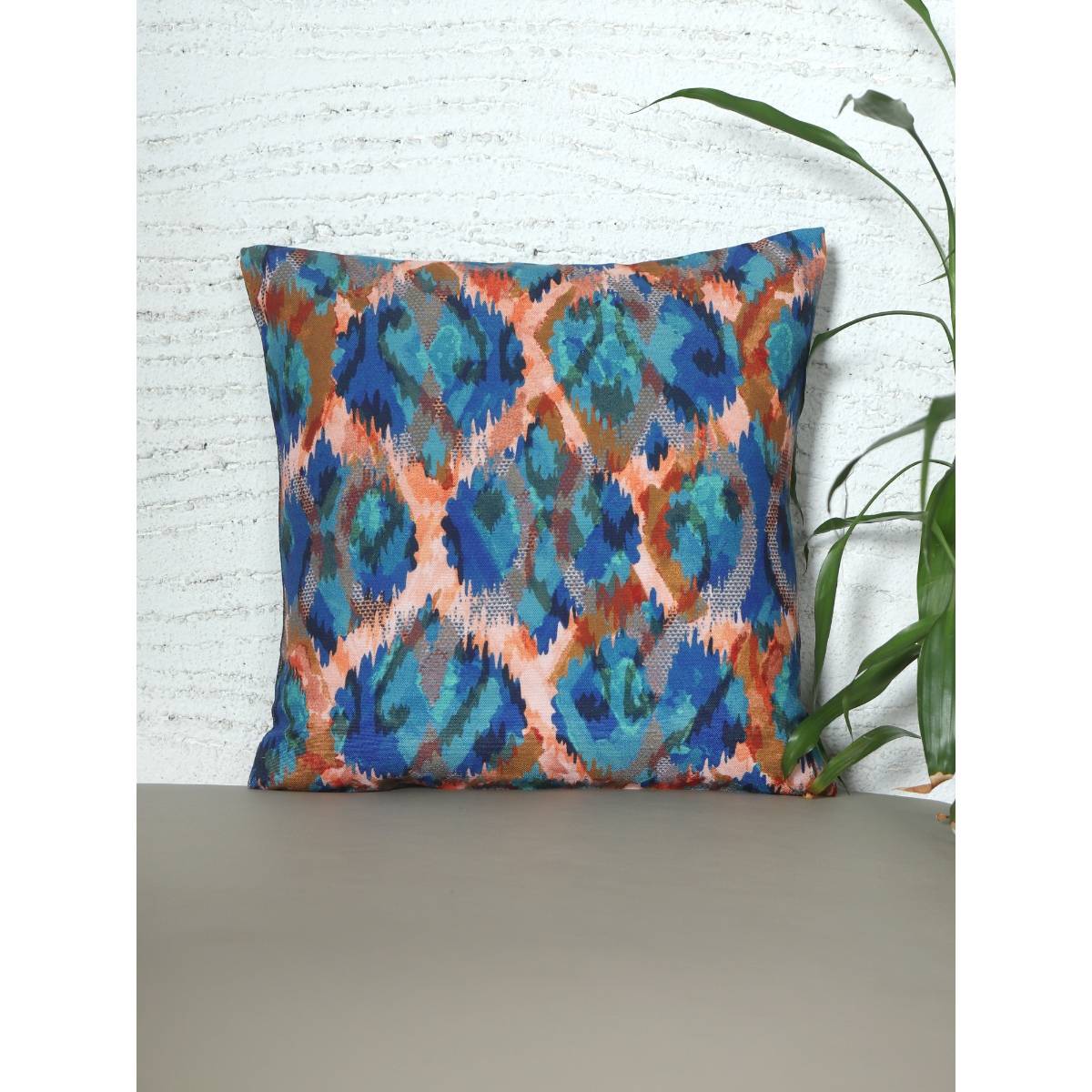 Zeba World Cushion Cover for Sofa Bed Poly Canvas Ikat Print - Navy Blue (16x16 inches)