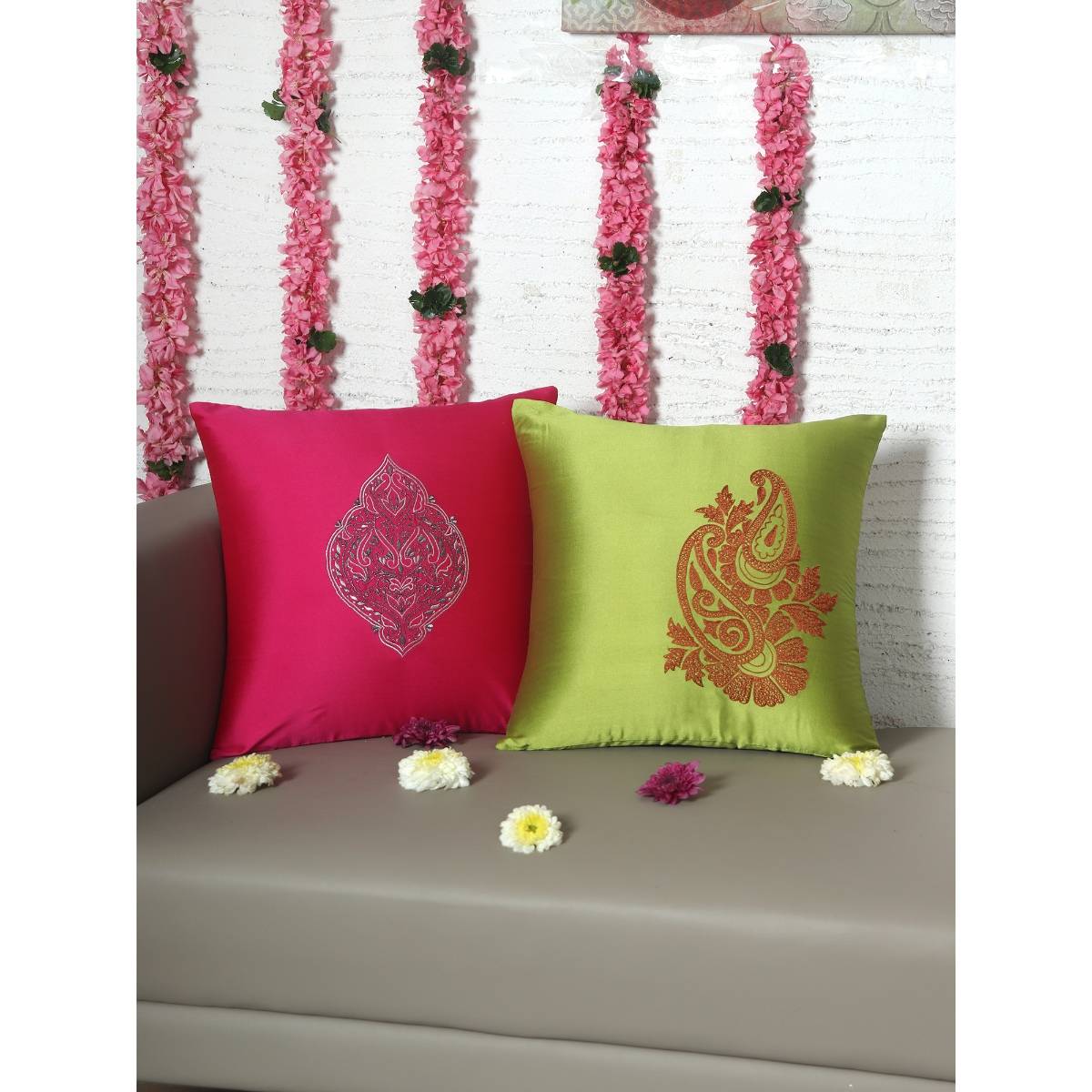 Zeba World Cushion Cover Euroshams for Sofa Bed Cotton Blend - Self Textured - Multicolor (Pack of 2) (16x16 inches)