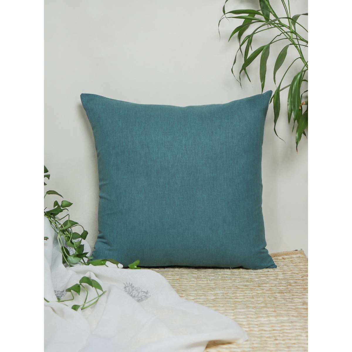 Zeba World Cushion Cover Cotton Floral Patchwork Applique and Hand Embroidery Teal (24x24 inches)