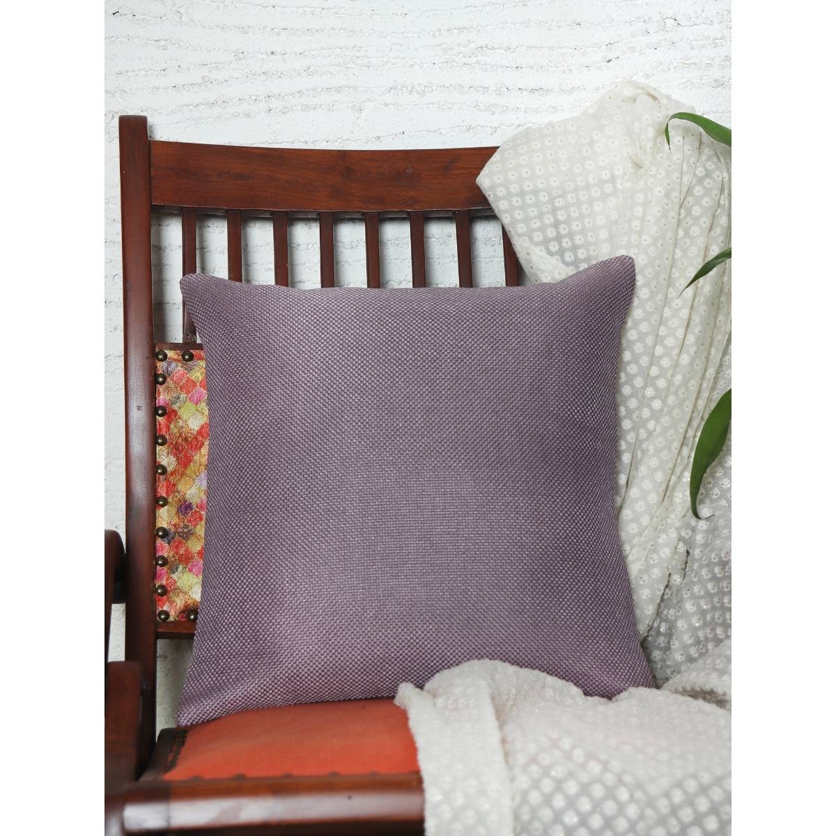 Zeba World Cushion Cover for Sofa Bed Cotton Blend -Self Textured - Purple (16x16 inches)