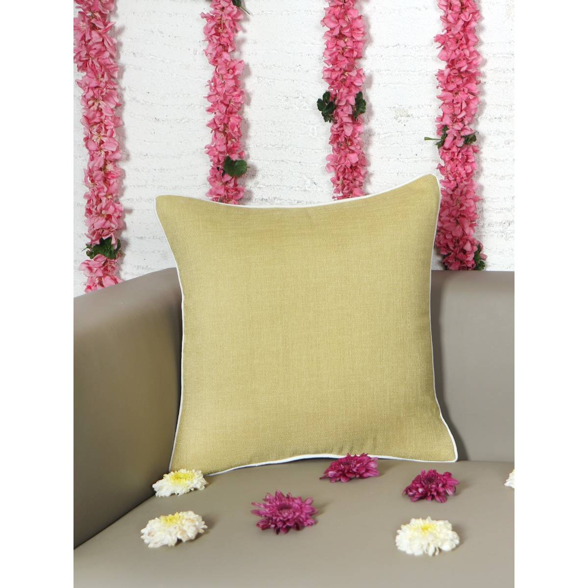 Zeba World Cushion Cover for Sofa Bed Cotton Blend with Cord Piping - Yellow (16x16 inches)