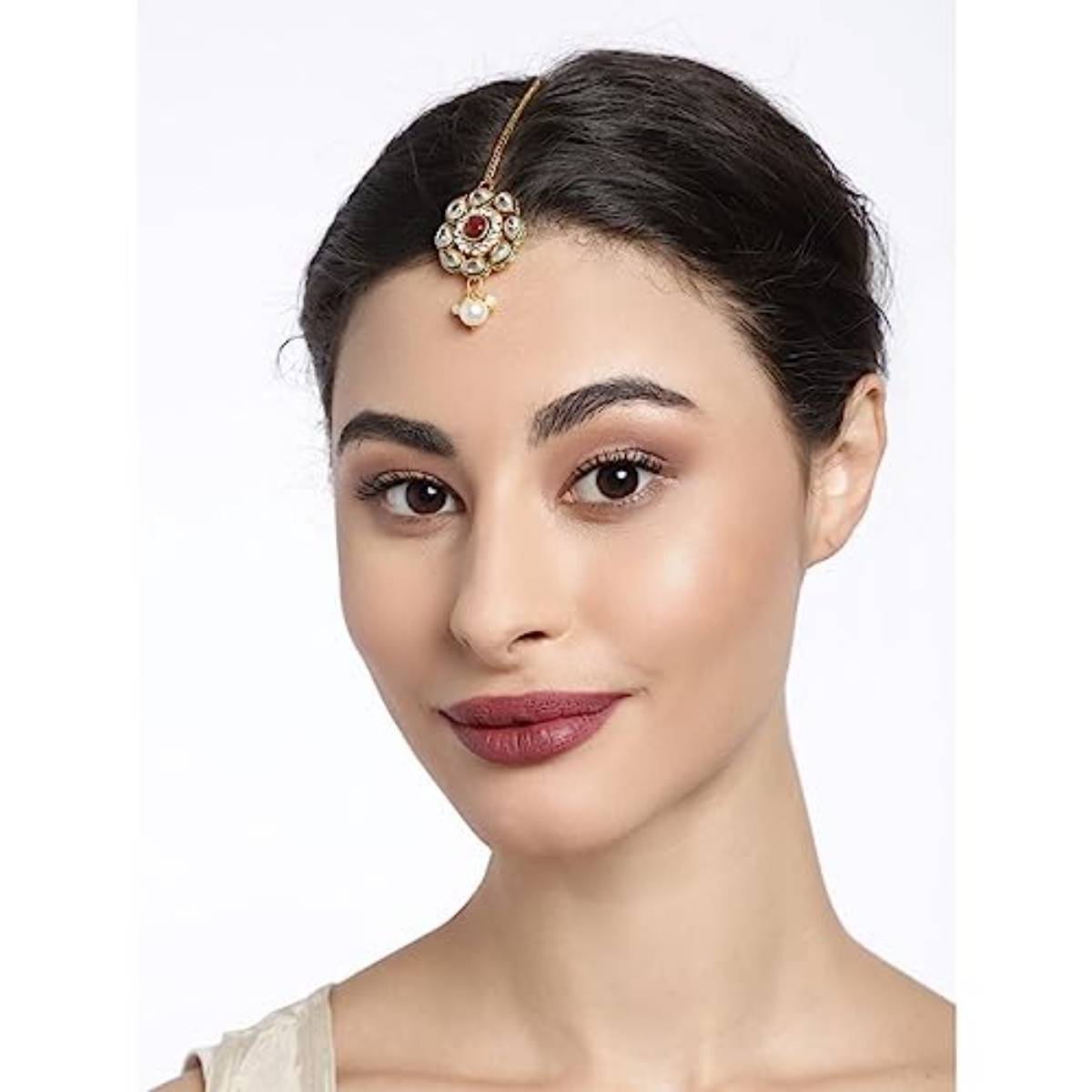 Accessher Gold Plated Kundan & Ruby Stone Embellished Maang Tikka, Pack of 1