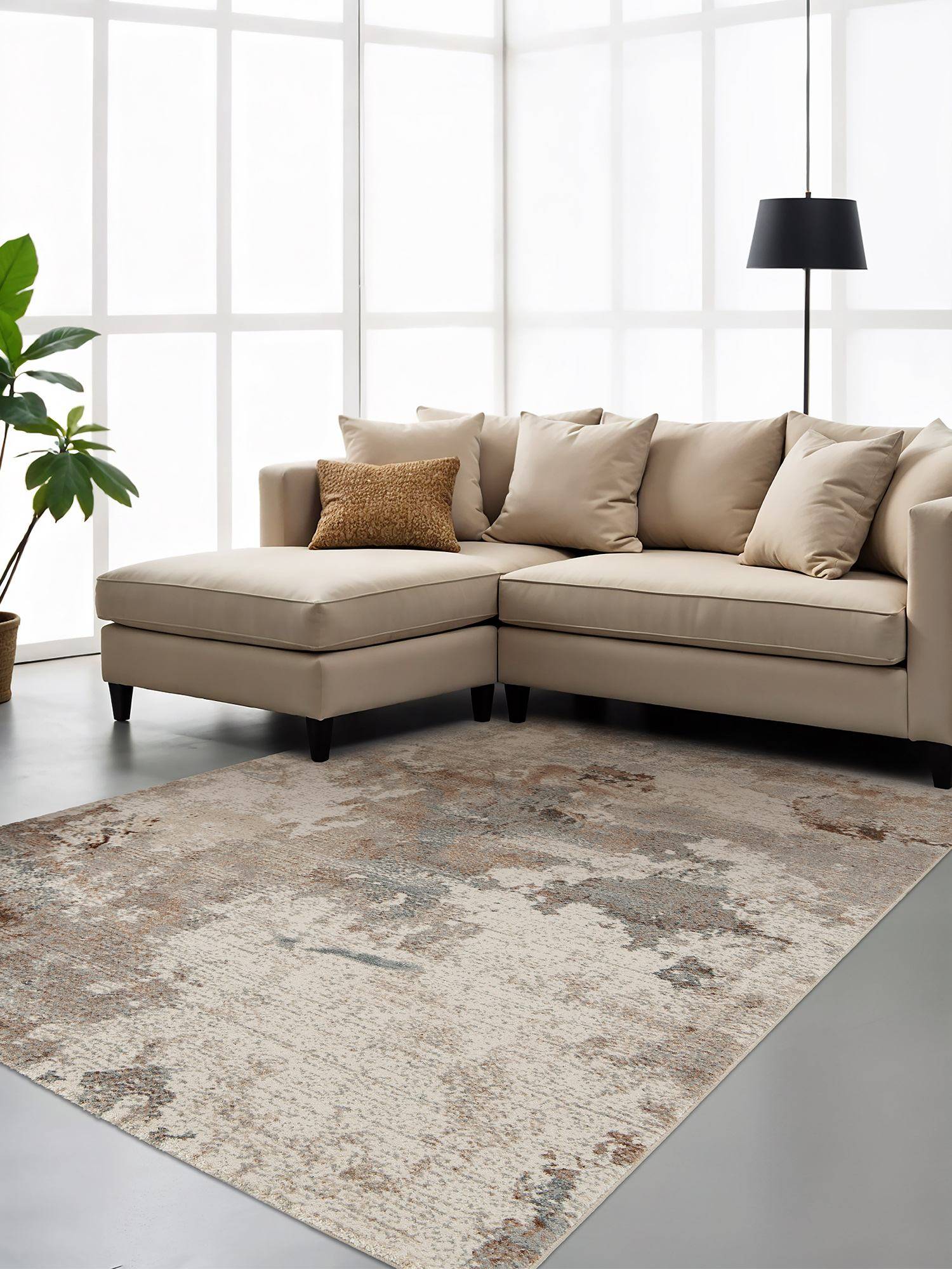 OBSESSIONS Abstract Antistatic Beige and Brown Machine Made Carpet (5X7 Feet)
