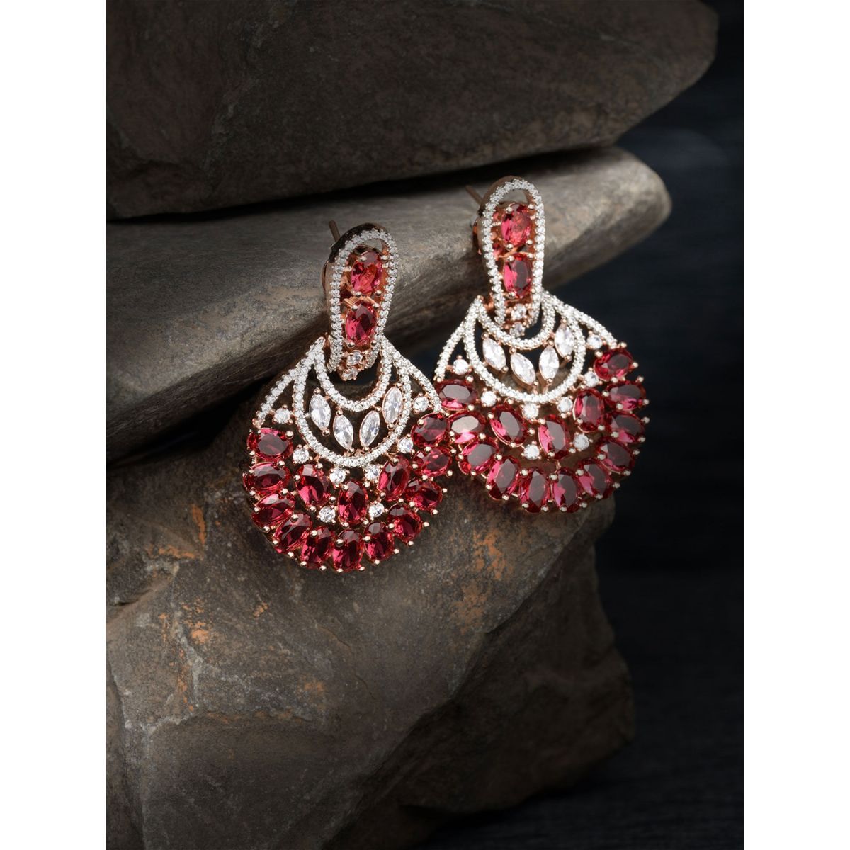 Gold Finish Moissanite  Ruby Synthetic Stones Chandbali Earrings In  Sterling Silver Design by Hunar at Pernias Pop Up Shop 2023