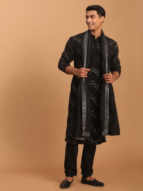 Vastramay Mens Black Georgette Kurta and Pyjama with Dupatta (Set of 3) (M)
