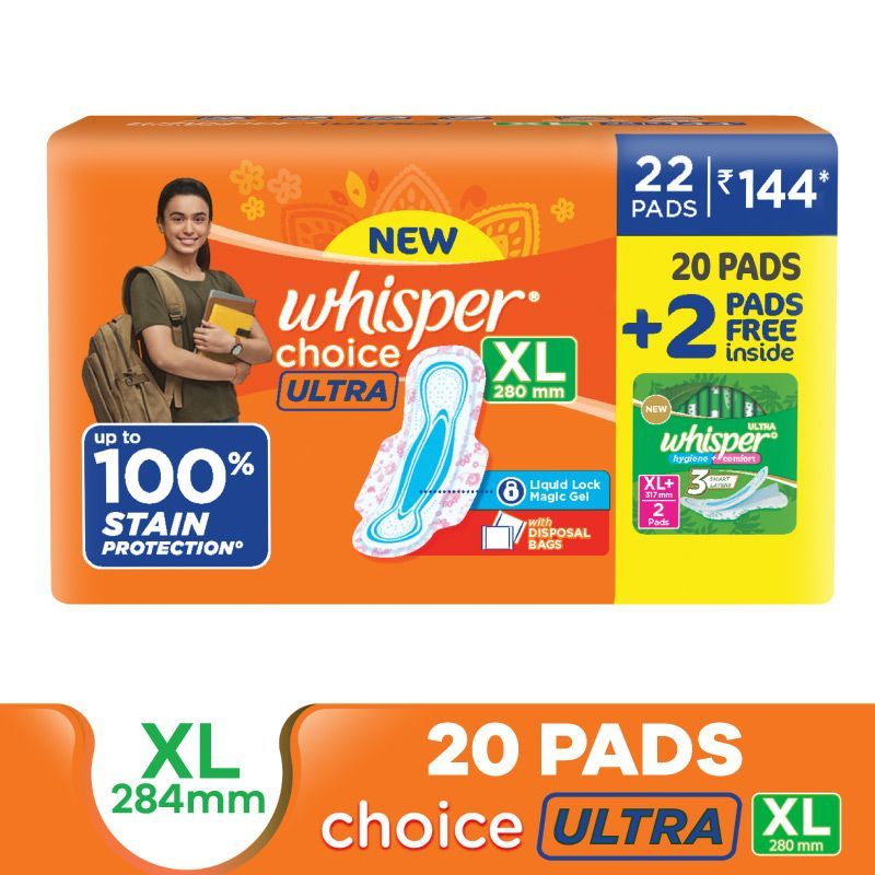 Whisper Choice Ultra XL Thin XL Sanitary Padsupto 100 Stain