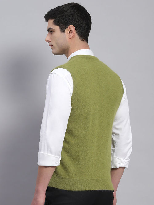 Monte Carlo Mens Lemon Green Solid V-Neck Sleeveless Casual Sweater