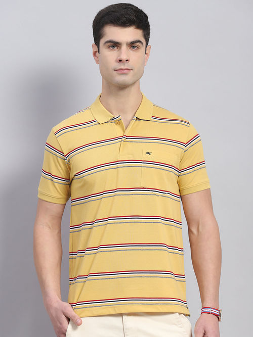 Buy Monte Carlo Mens Yellow Striped Polo Collar Half Sleeve Polo T