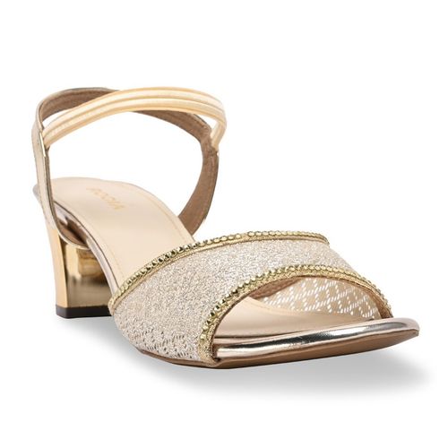 ROCIA Women Gold Net with Diamonds Block Sandals Heels (EURO 36)