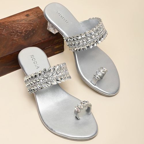 ROCIA Silver Women One Toe Diamond Encrusted Glass Sandals Heels (EURO 36)