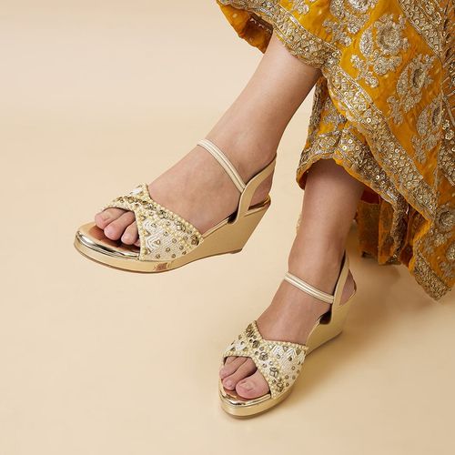 ROCIA Women Gold Kundan Work Wedges Sandals (EURO 36)
