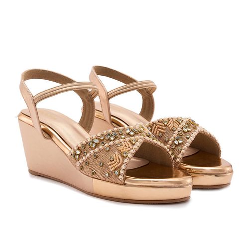 Buy ROCIA Women Rose Gold Kundan Work Wedges Sandals Online