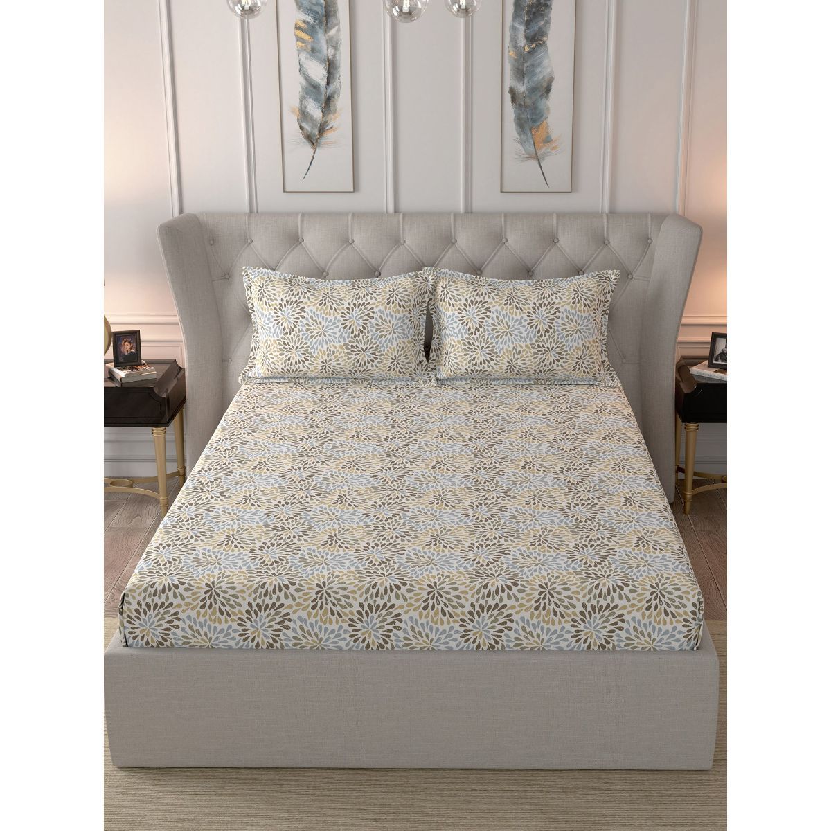 Inhouse by Maspar Glam Laura Neutral Print 144TC Cotton Double Bed Sheet With 2 Pillow Covers
