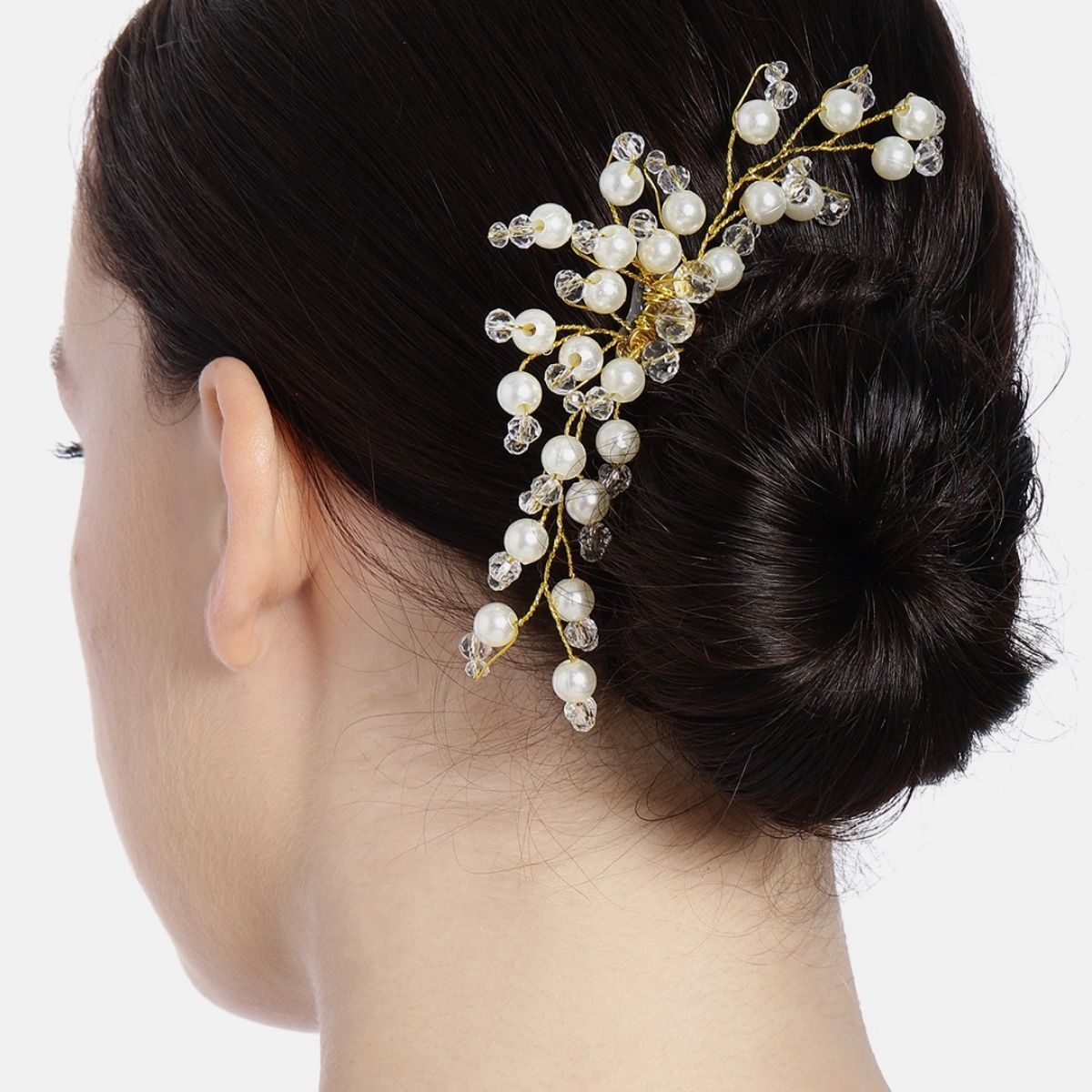 Accessher Gold Plated Beaded Tiara Comb Pin-Jooda Pin Hair Accessories With Pearls For Women & Girls