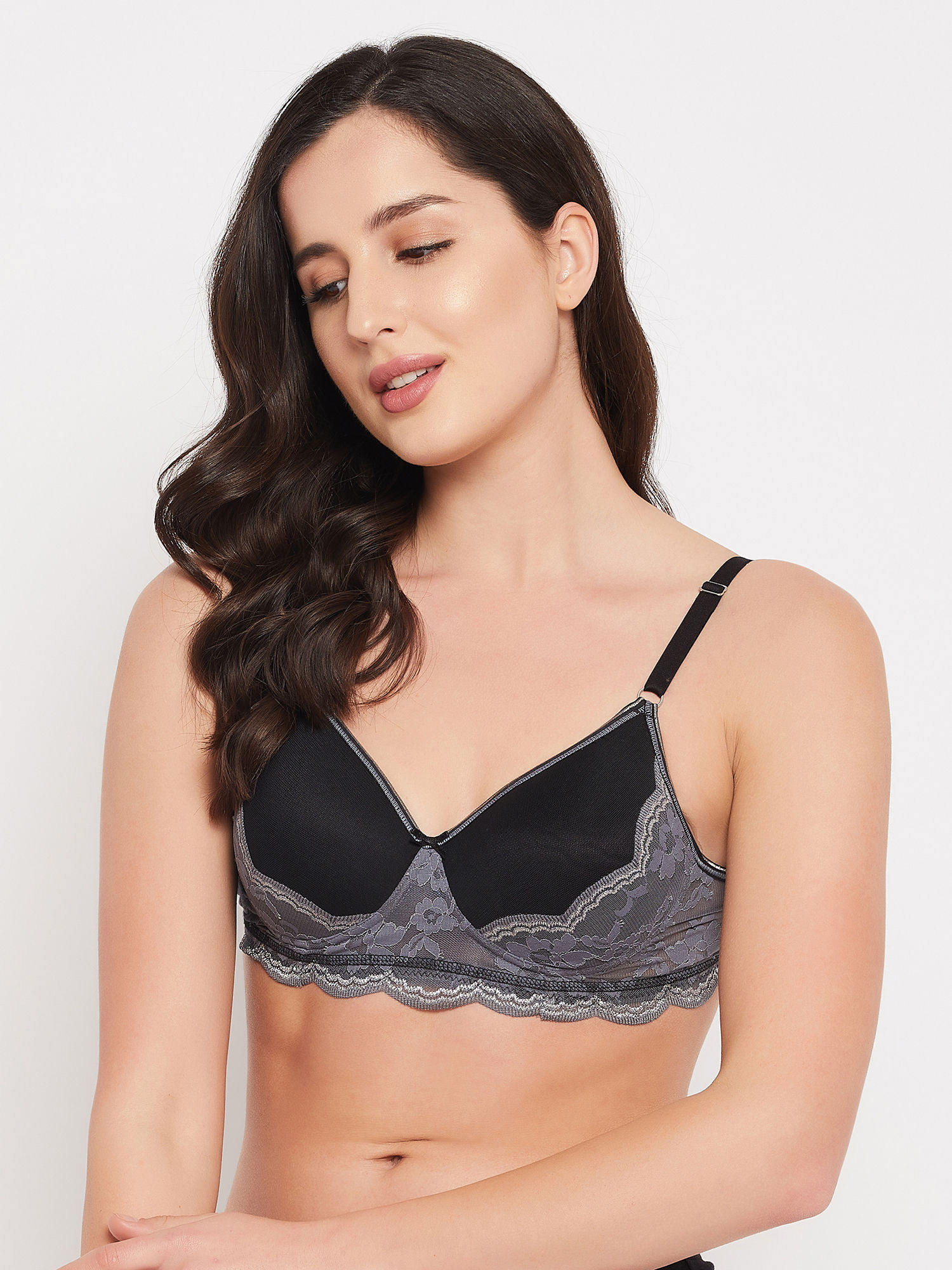 Clovia Padded Non-Wired Solid Bridal Bra in Black - Lace at Rs